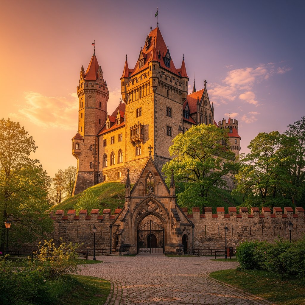 Fairytale Bouzov Castle in Moravia, gothic revival style, sunset lighting, professional travel photography