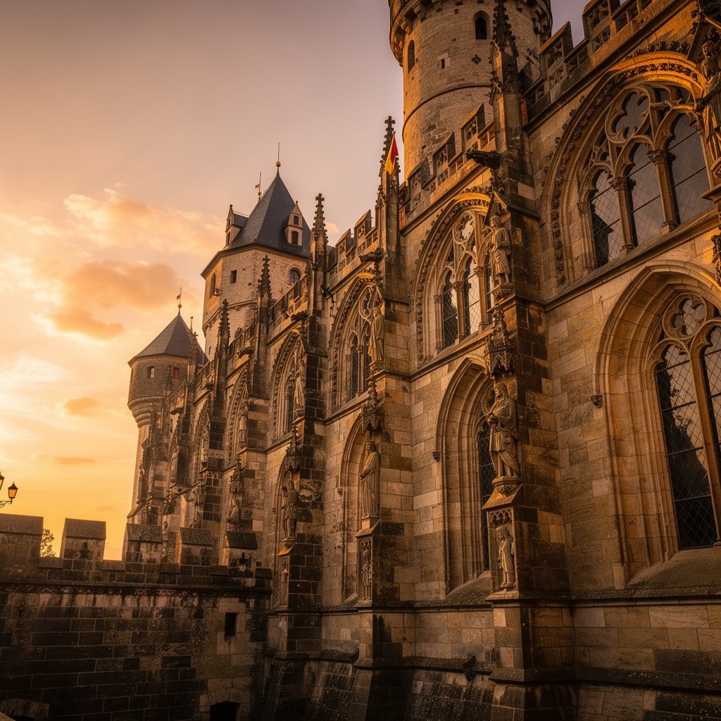Close-up of gothic castle Karlstejn architecture, intricate stone carvings, sunset lighting, professional travel photography