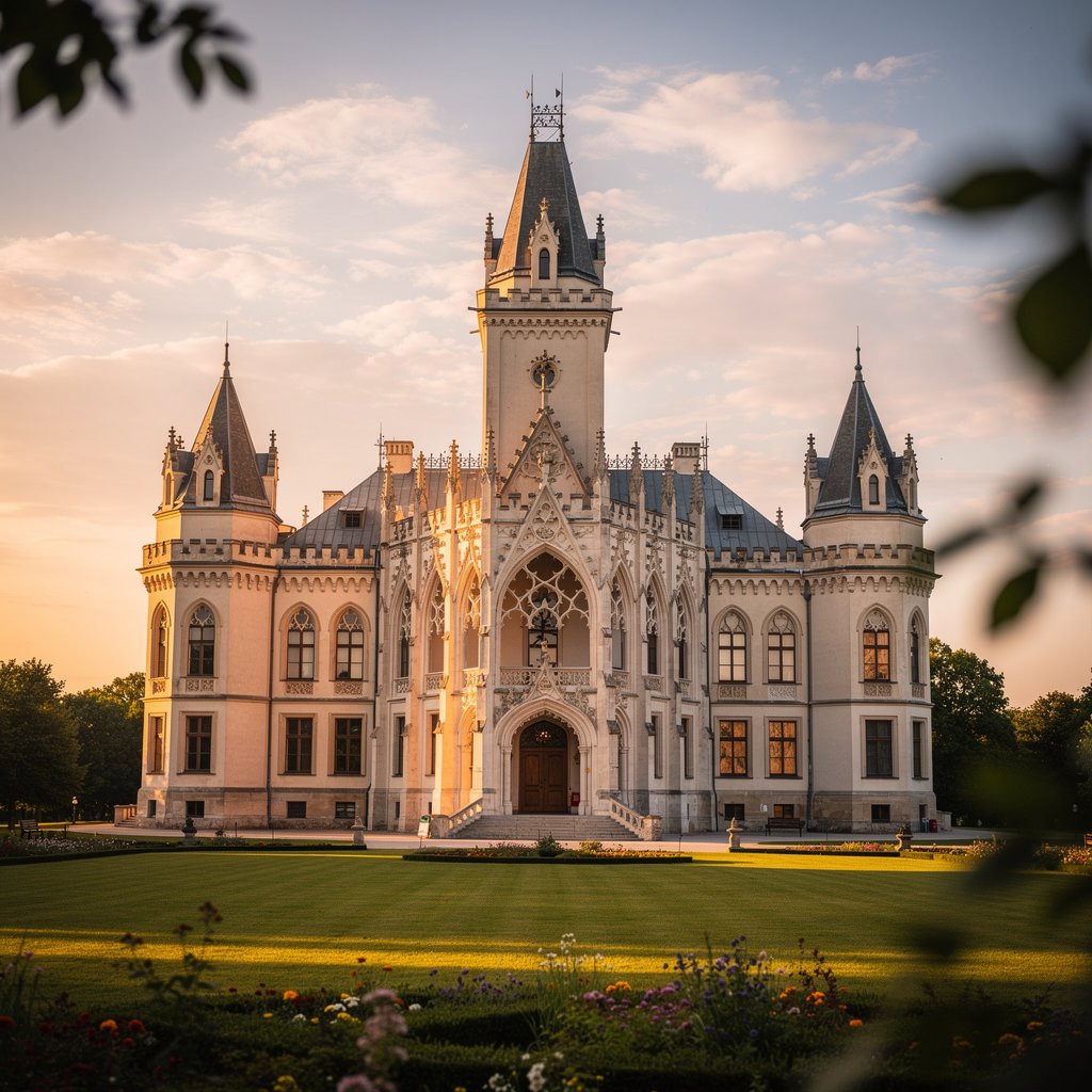 Neo-gothic Lednice Chateau, beautiful facade, sunset lighting, romantic atmosphere, professional travel photography